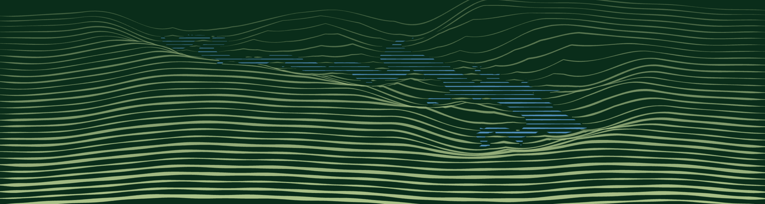 Illustration aus Linien: Hügellandschaft, in der Mitte die Wahnbachtalsperre in ihrer echten Form aus blauen Linien